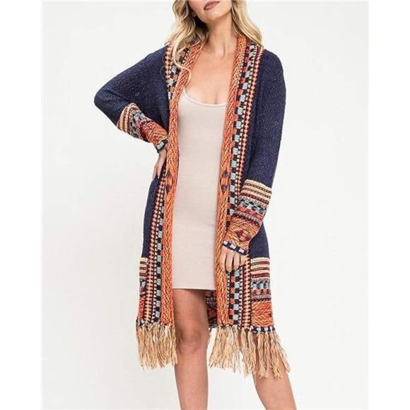 Navy Multi Aztec Tribal Print Fringe‎ Knit Long Cardigan Duster Kimono Sweater - Picture 1 of 5